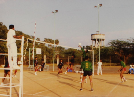 A photograph taken during a volleyball match, 1994